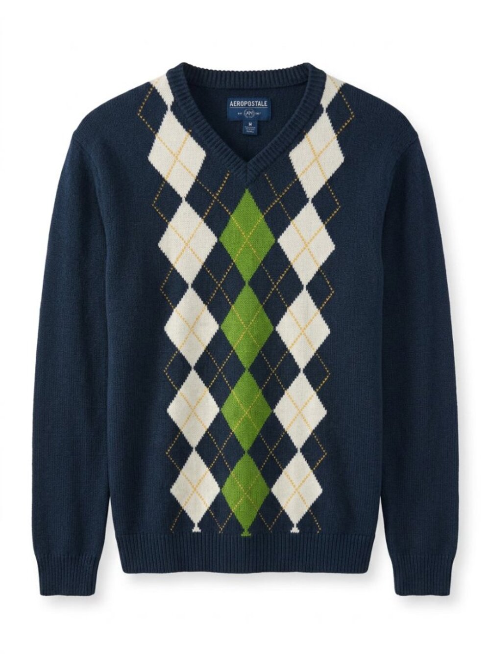 Aeropostale Men's Collegiate Argyle V-Neck Sweater Navy Green Preppy Y2K Medium